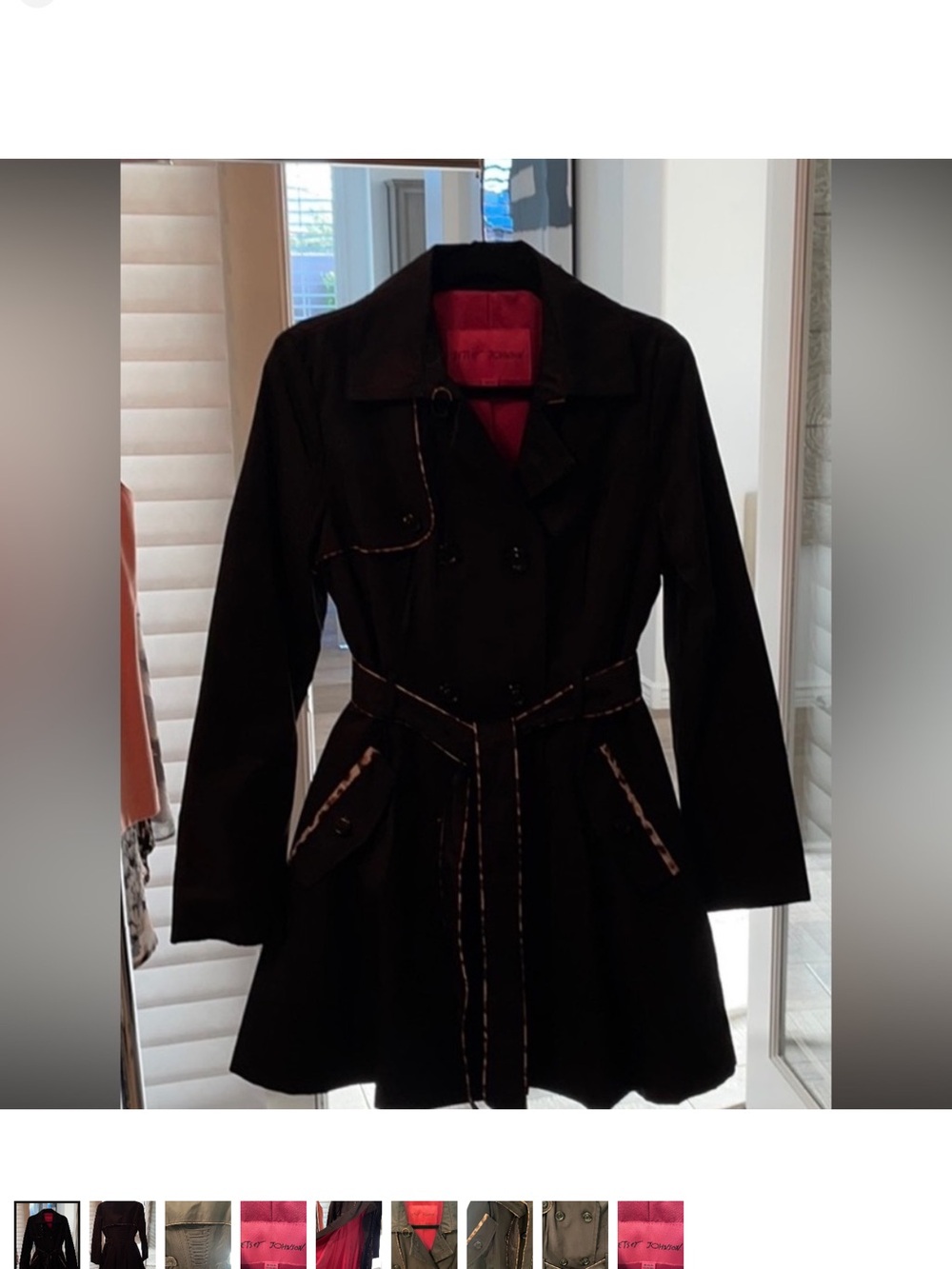 Betsey Johnson Black Trench Coat with Pink Interior Accents